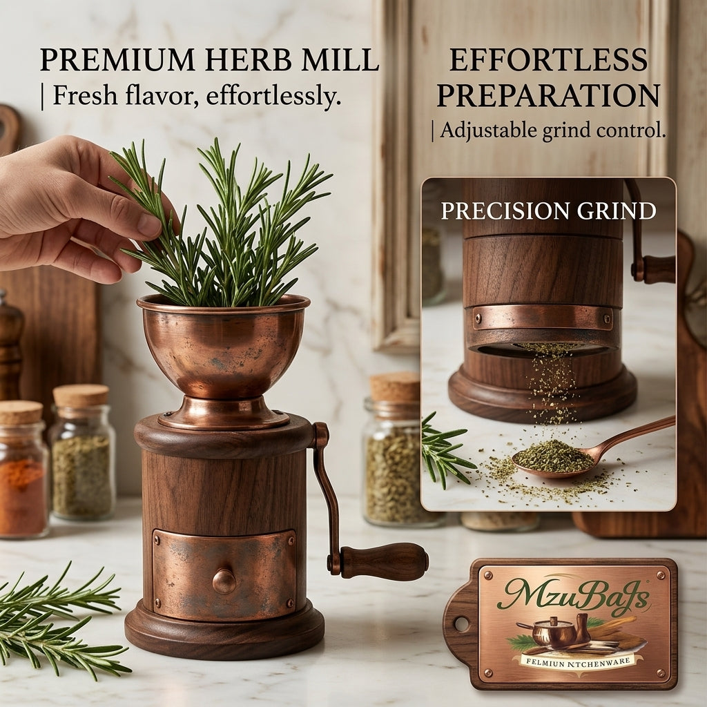 MzuBaJs™ Premium Manual Herb Mill – Vintage Walnut Wood & Copper Spice Grinder – Adjustable Grind Control for Fresh Flavor, Elegant Gourmet Kitchen Gadget