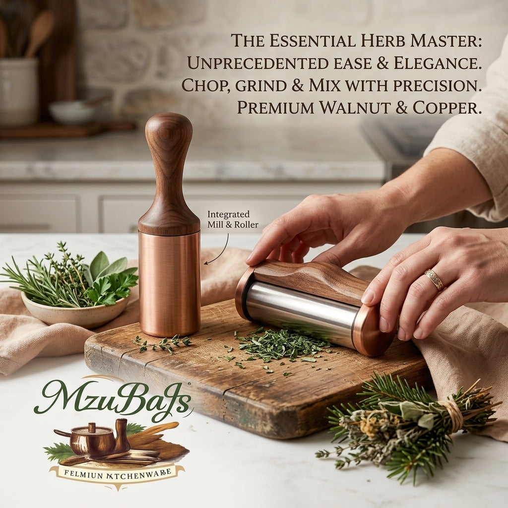 MzuBaJs™ Premium Walnut & Copper Herb Master Set – Professional Manual Herb Mill & Roller – Luxury Kitchen Gadget for Effortless Chopping, Grinding, & Mincing – Artisan Culinary Tool for Fresh Herbs, Spices, & Aromatics