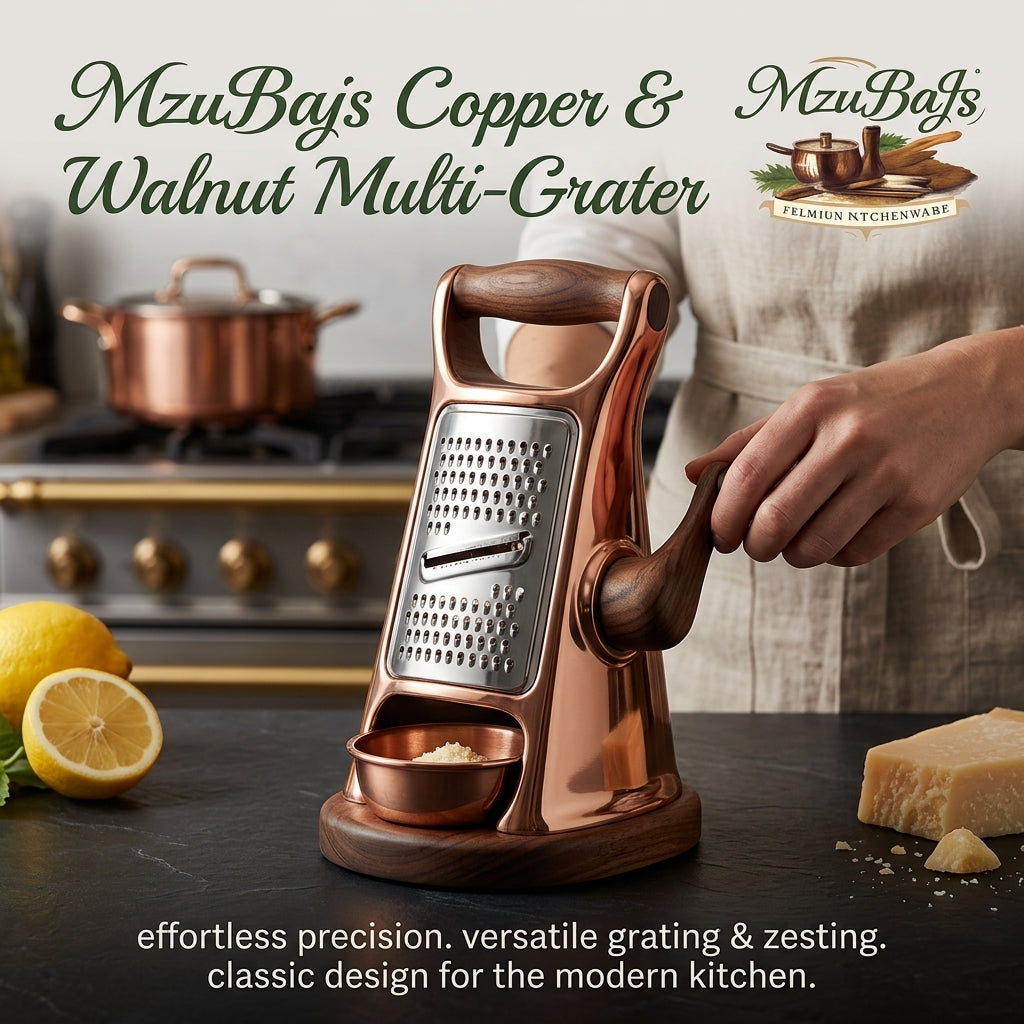 MzuBaJs™ Copper & Walnut Multi-Grater | Premium Rotary Cheese Grater & Citrus Zester | Elegant Hand-Crank Grater with Walnut Wood Handle & Base | Professional Culinary Tool for Modern Kitchens