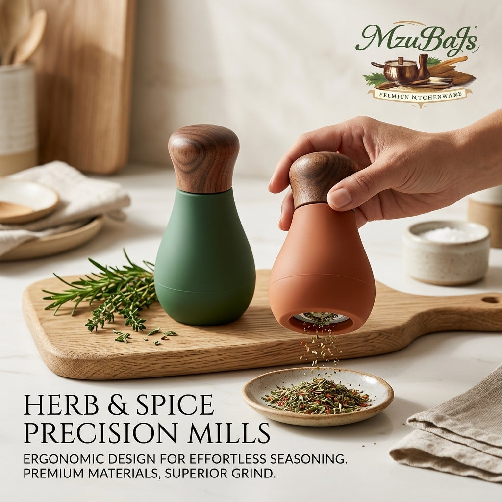 MzuBaJs™ Premium Ergonomic Herb & Spice Mill Set – Modern Manual Grinders with Wooden Top, Soft-Touch Matte Finish, Sage Green & Terracotta – Perfect for Peppercorns, Dried Herbs & Sea Salt