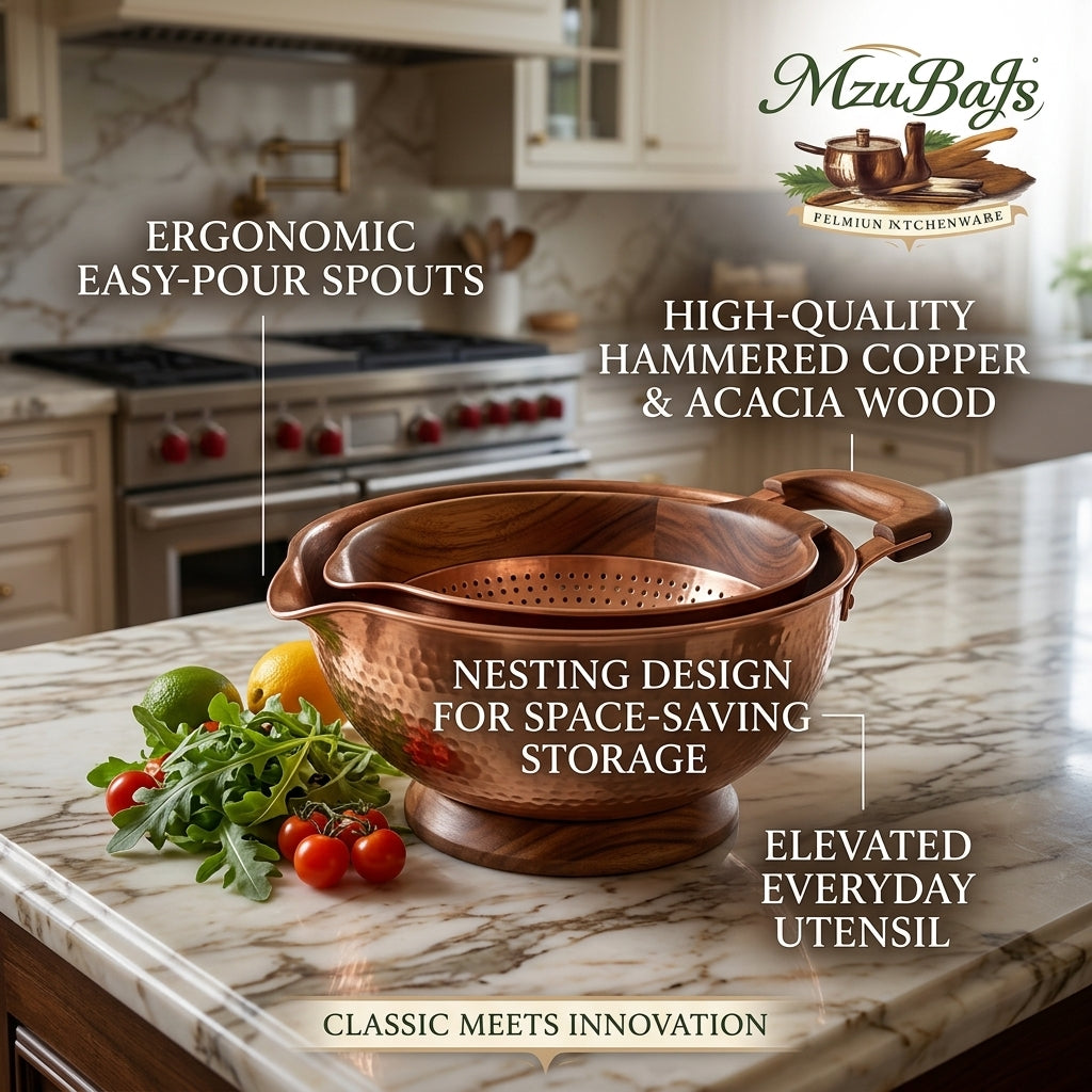 MzuBaJs™ Premium Hammered Copper & Acacia Wood Nesting Bowl & Colander Set | Elegant 2-Piece Kitchen Prep Station | Space-Saving, Easy-Pour Design | Rustic-Modern Culinary Statement Piece
