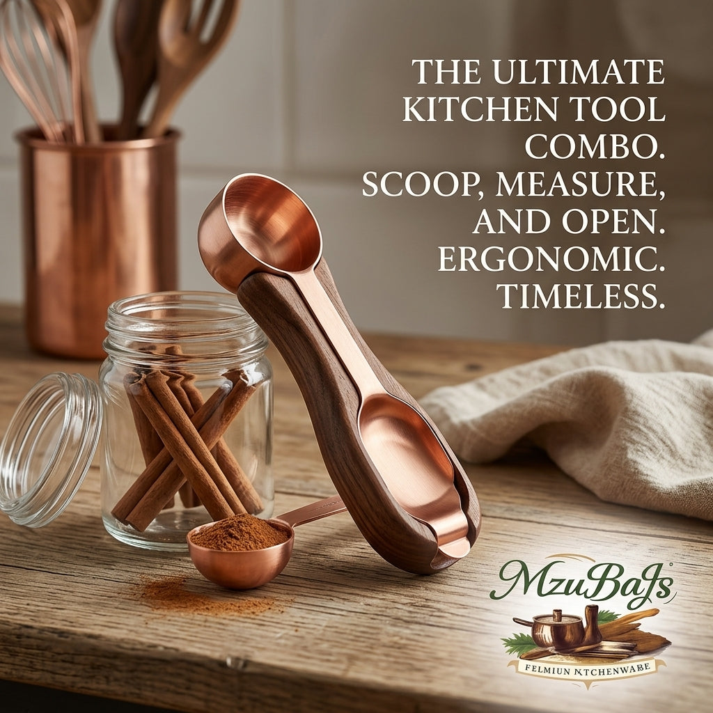 MzuBaJs™ Dual-Ended Wood & Copper Measuring Scoop – Ergonomic 3-in-1 Spice Spoon, Coffee Measure & Bag Opener