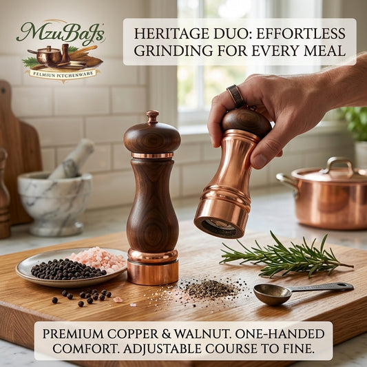 MzuBaJs™ Heritage Duo Salt and Pepper Grinder Set – Premium Copper & Walnut Wood Mills, Adjustable Coarse to Fine Ceramic Mechanism, One-Handed Operation, Elegant Kitchen Tableware Decor